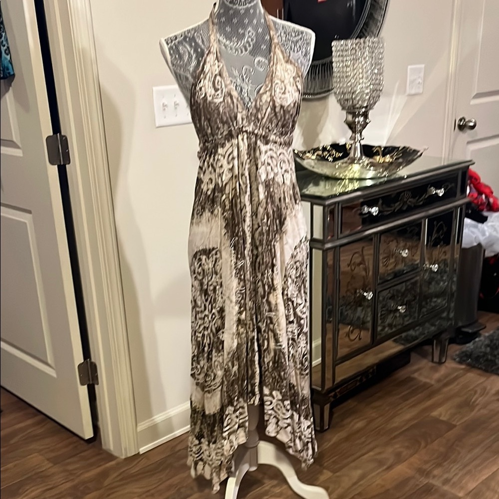 Brown and Cream Halter midi Dress one size